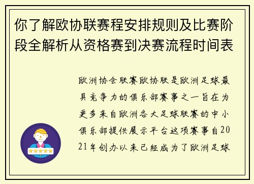 你了解欧协联赛程安排规则及比赛阶段全解析从资格赛到决赛流程时间表详解