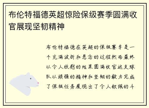 布伦特福德英超惊险保级赛季圆满收官展现坚韧精神